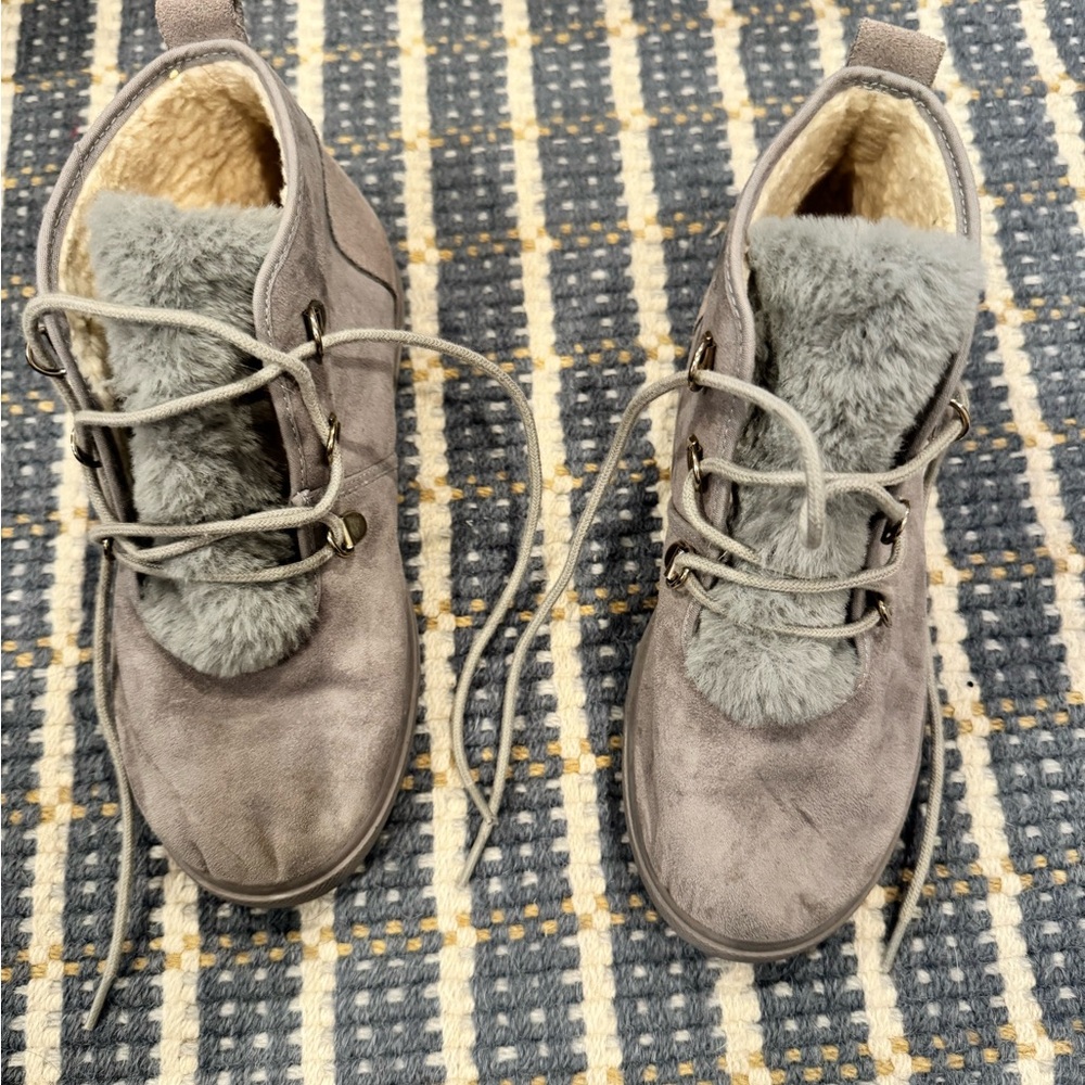 Gray Suede Lace-Up Faux Fur Ankle Boots